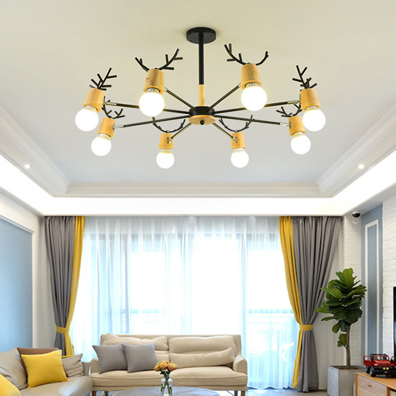 北欧原木客厅大气麋鹿角吊灯铁艺创意现代简约个性餐厅卧室吊灯具
