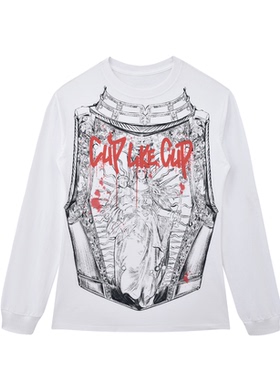 cuplikecup24AW原创logo圆领潮牌手绘印花修身盔甲长袖T恤打底衫