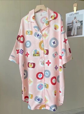 玫红色大板冰丝睡裙女高级感夏薄款宽松衬衫睡衣裙可外穿家居服