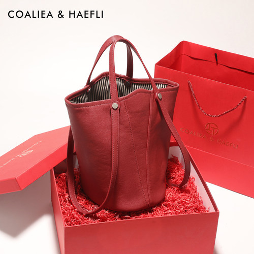 香港品牌植鞣皮水桶包复古斜挎包