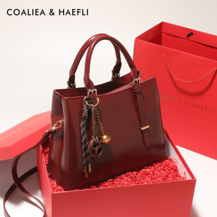 香港红色包包女高级感油蜡皮手提包婚包新娘大容量妈妈包日常可用