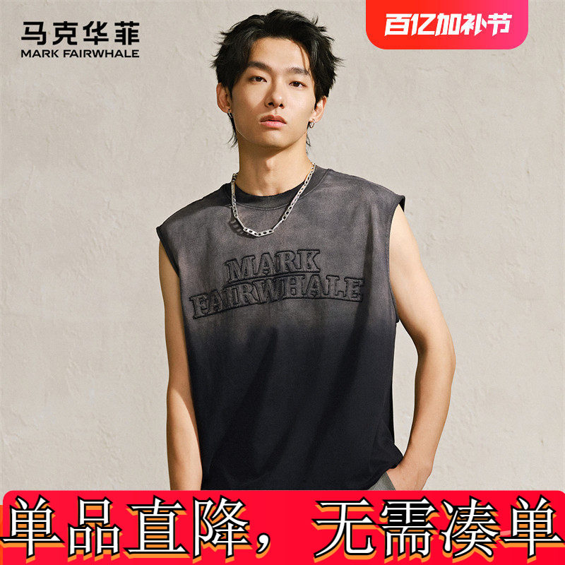 马克华菲纯棉无袖圆领背心男士夏季新款做旧复古个性百搭套头上衣