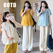 无托腹阔腿裤 2026孕妇装 透气温柔甜美宽松娃娃衫 薄款 两件套 夏季