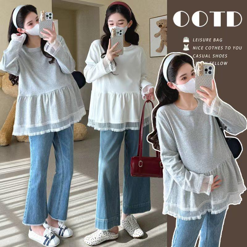 孕妇装秋装2025宽松显瘦纯色小清新拼接外出娃娃衫春秋季孕妇T恤