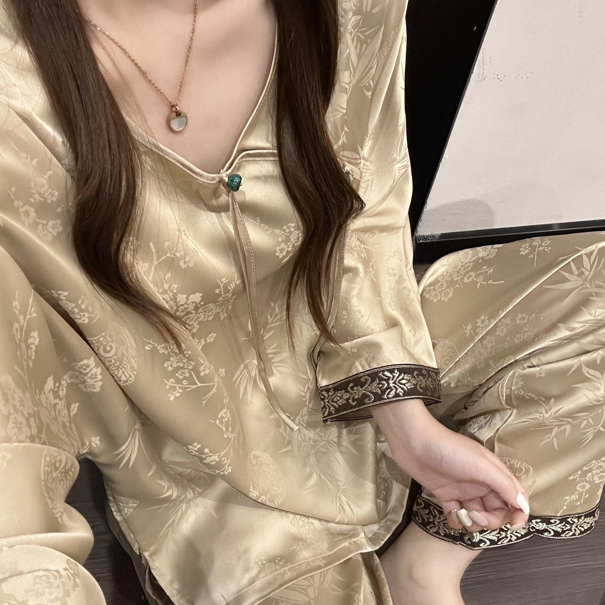 国风新中式温柔风竹韵冰丝睡衣女