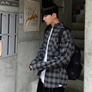 2025新款格子衬衫男款韩版宽松潮流潮牌复古做旧长袖衬衣休闲外套