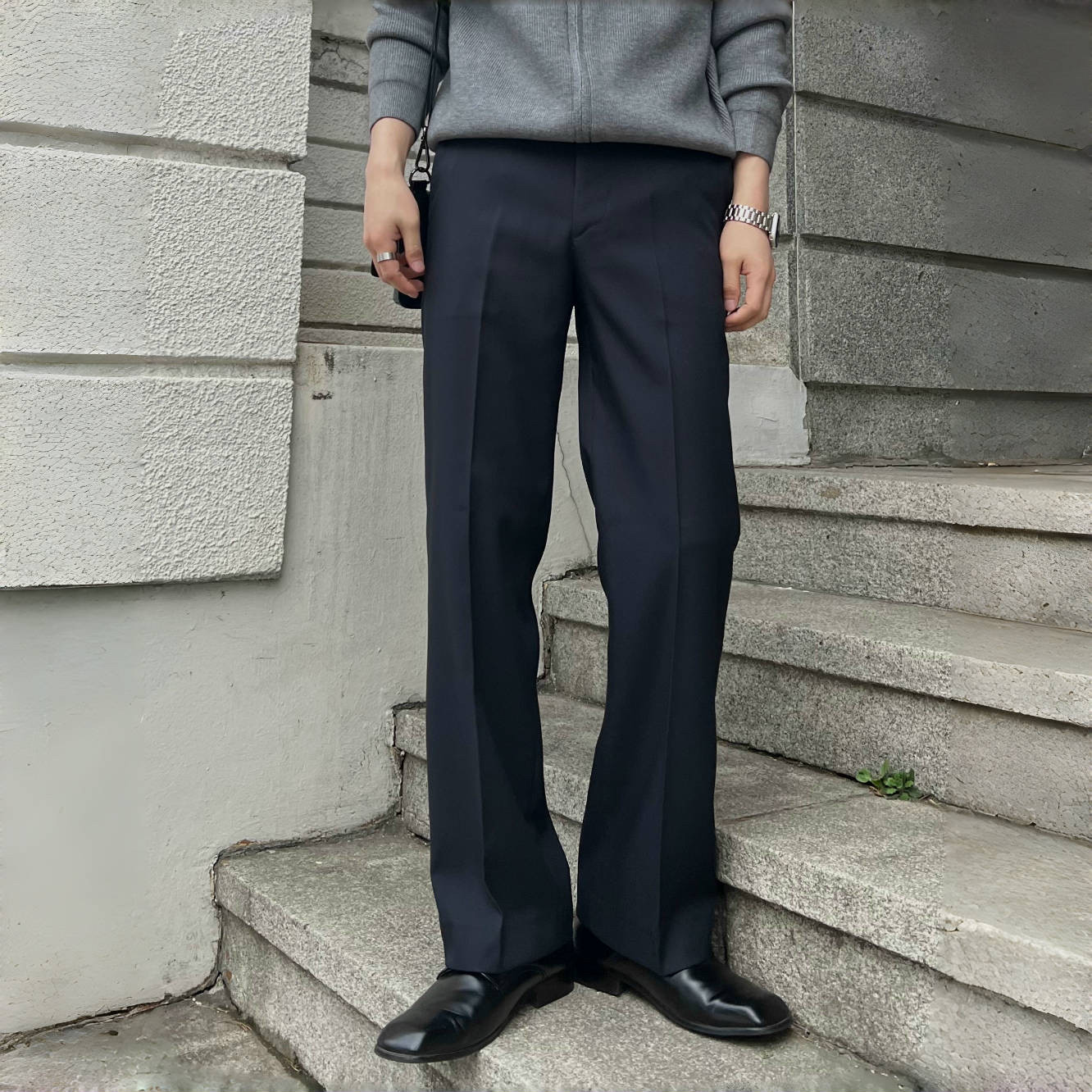 松紧腰藏青色男士西裤韩版潮流长裤西装裤直筒男裤微喇裤男装裤子