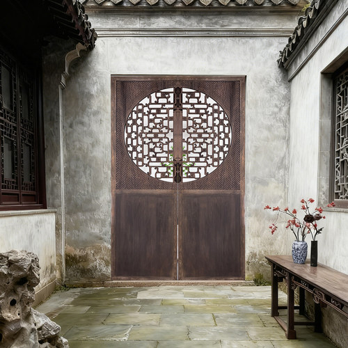 东阳木雕仿古门窗 做旧中式雕花半圆型 香樟木门窗背景隔断屏风 - 封面