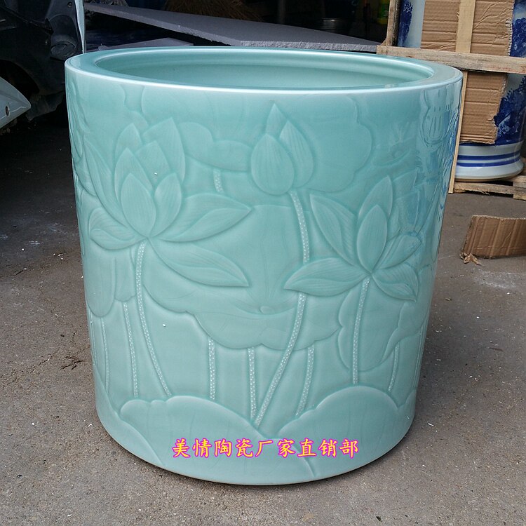 景德镇陶瓷器青瓷雕刻荷花字画筒书画卷轴缸影青釉大号花瓶雨伞桶