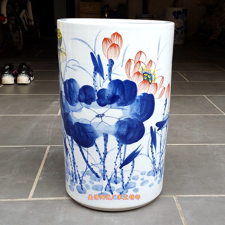 景德镇陶瓷手绘青花瓷荷花卷轴缸字画筒大号花瓶落地雨伞桶书画筒