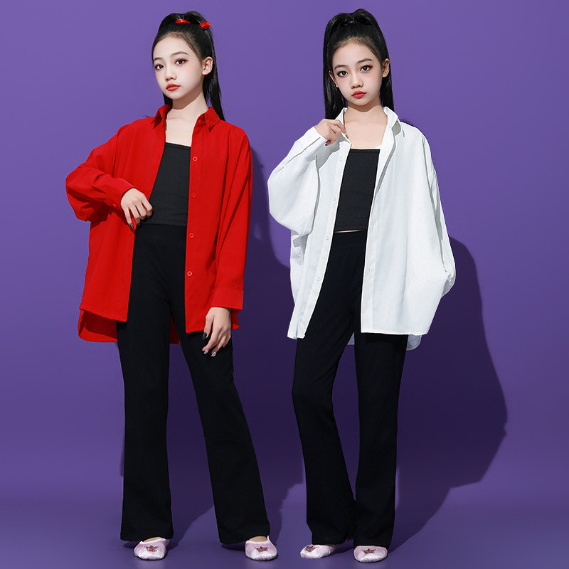 儿童现代舞白色衬衫飘逸宽松中国古典抒情舞蹈服练功服红色表演服图片