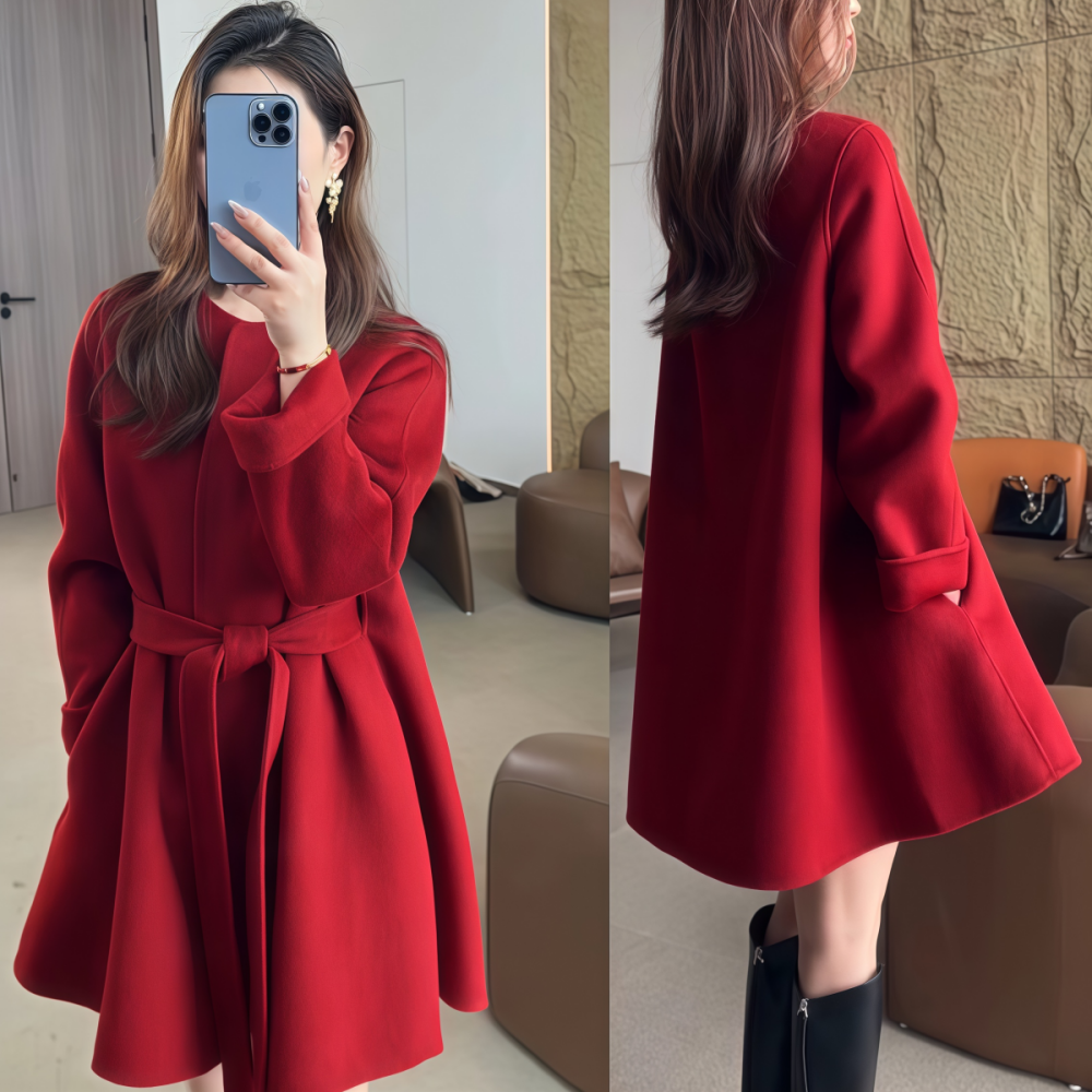 红色毛呢外套收腰显瘦气质大衣女