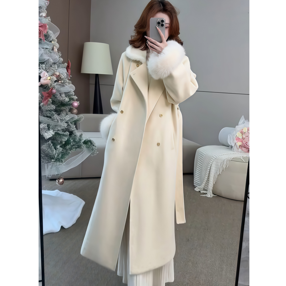 2025冬季新款韩系轻奢高端复古风长款乳白色毛毛袖毛呢羽绒外套女