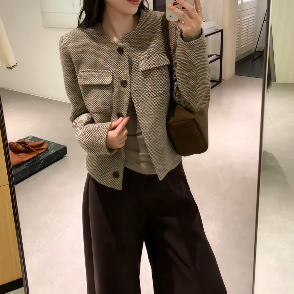 复古杂色翻领短款呢子外套女