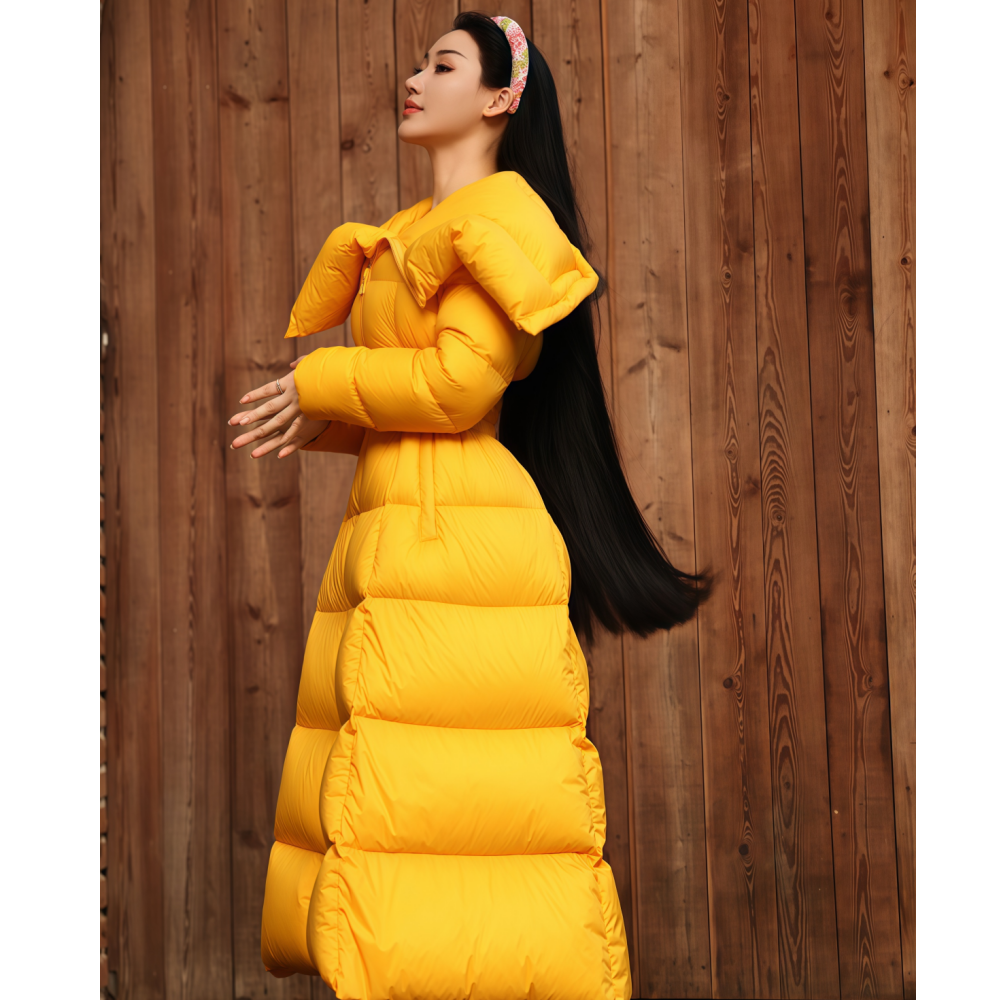 2025年冬季新款韩系时尚通勤小众长款纯色连帽收腰羽绒服外套女装