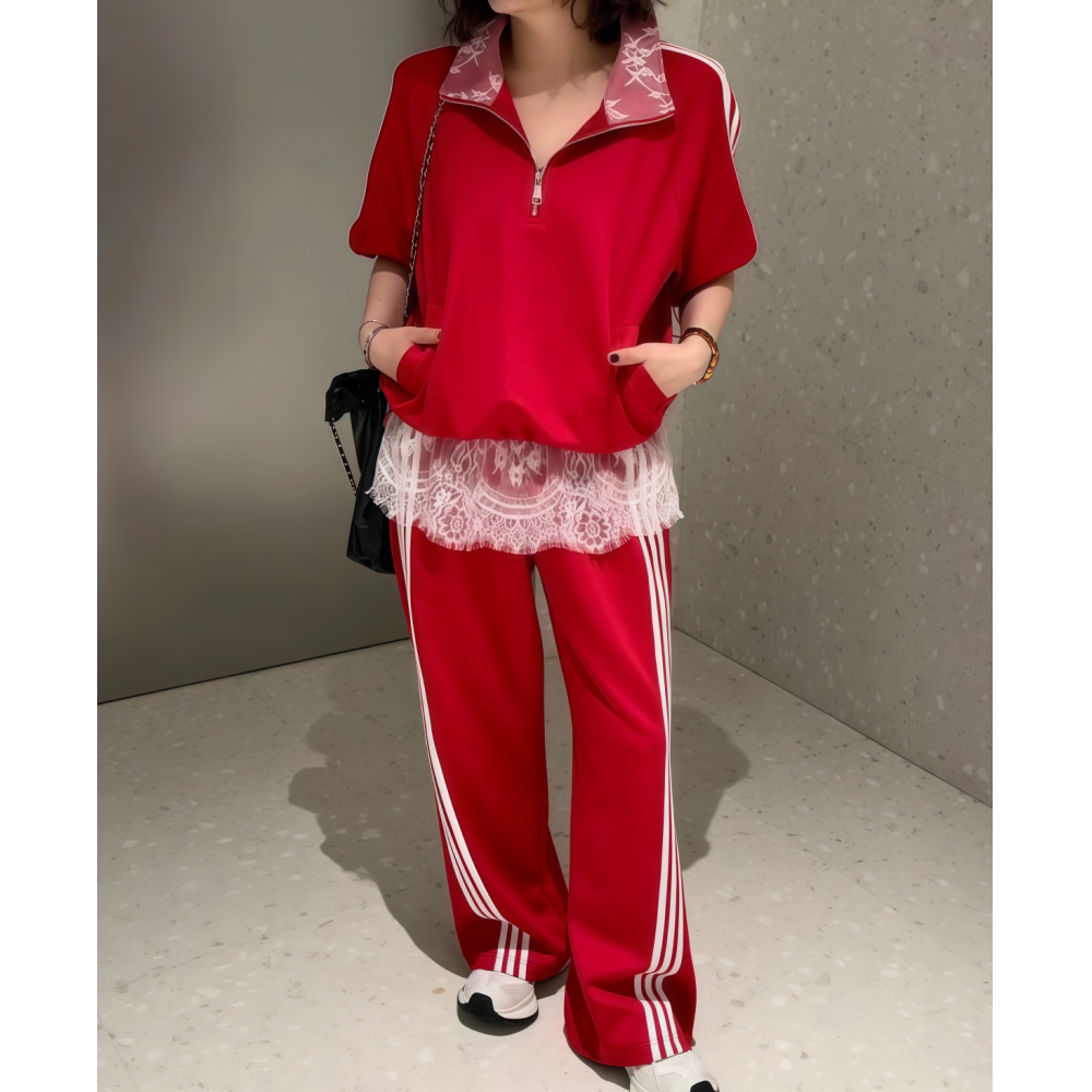 2026年时尚新款春季红色高级感宽松女款休闲蕾丝拼接卫衣长裤套装