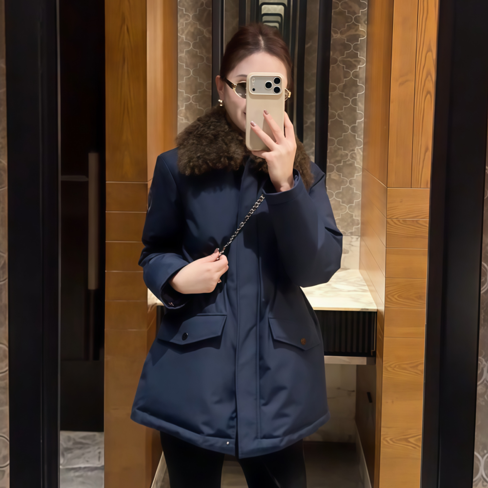 中长藏蓝色毛毛领收腰派克棉大衣