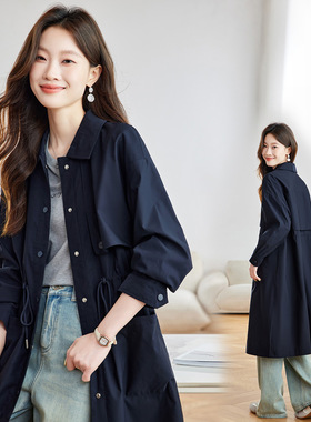 棉茧 高端通勤风衣女中长款秋季新款藏青色收腰抽绳工装外套女