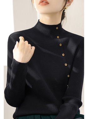 冬季新款黑色纽扣设计半高领毛衣厚款内搭打底上衣长袖针织衫女装