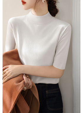 白色修身显气质针织衫内搭上衣早秋季半高圆领套头五分袖毛衣女装