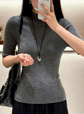 深灰色高品质半高领五分袖针织衫上衣女秋季新款修身显瘦内搭毛衣