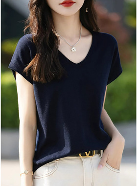 法式温柔黑色小飞袖针织衫T恤女2025夏季新款短袖V领显瘦气质上衣