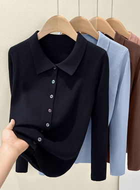 秋冬季新款可单穿黑色上衣女纯色长袖针织开衫外套百搭POLO领毛衣