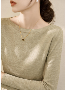 内搭时尚简约纯色长袖针织衫秋冬季新款一字领修身上衣女打底