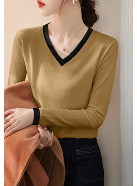 冬季新款芥黄色百搭长袖针织衫女装内搭打底上衣拼色法式V领毛衣