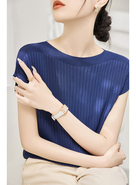 高级法式套头时尚显瘦针织衫女夏季薄款一字领宽松小飞袖t恤上衣