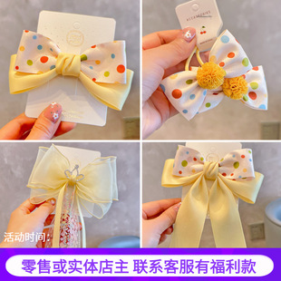 新款 24春季 流行黃色兒童發(fā)飾女童飄帶波點皇冠立體蝴蝶結(jié)寶寶頭飾