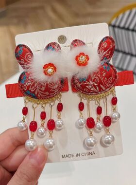 儿童新年汉服头饰古风流苏铃铛发卡宝宝公主过年中国风毛球发饰