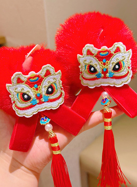 女童新年汉服发饰红色古风发夹小女孩过年发卡儿童唐装中国风宝宝