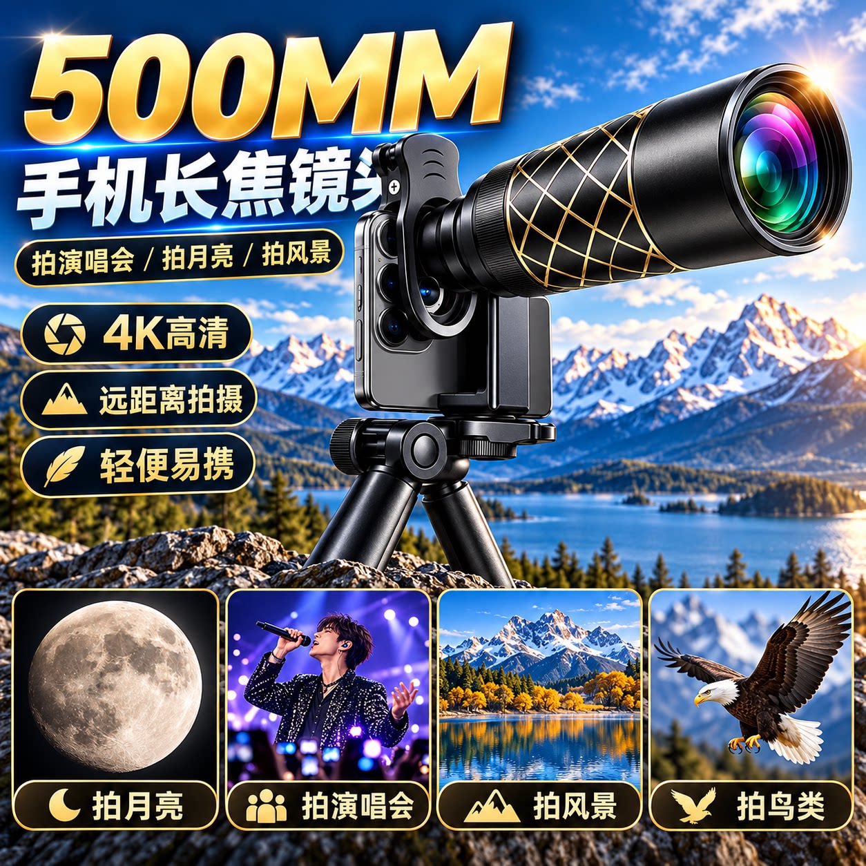 500mm手机长焦镜头4k高清外接望远镜苹果华为小米通用演唱会拍照