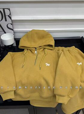 【现货清仓】新款细散撒银加绒款羊驼绒儿童连帽卫衣半拉链套装