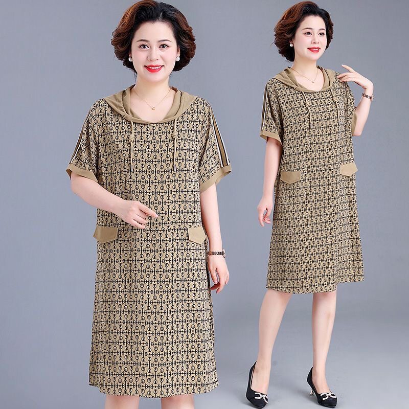 胖妈妈夏装连衣裙宽松短袖t恤中长款洋气中老年休闲运动裙子大码