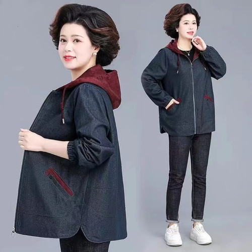 胖妈妈2026春装连帽牛仔外套洋气大码中长款上衣中老年人宽松