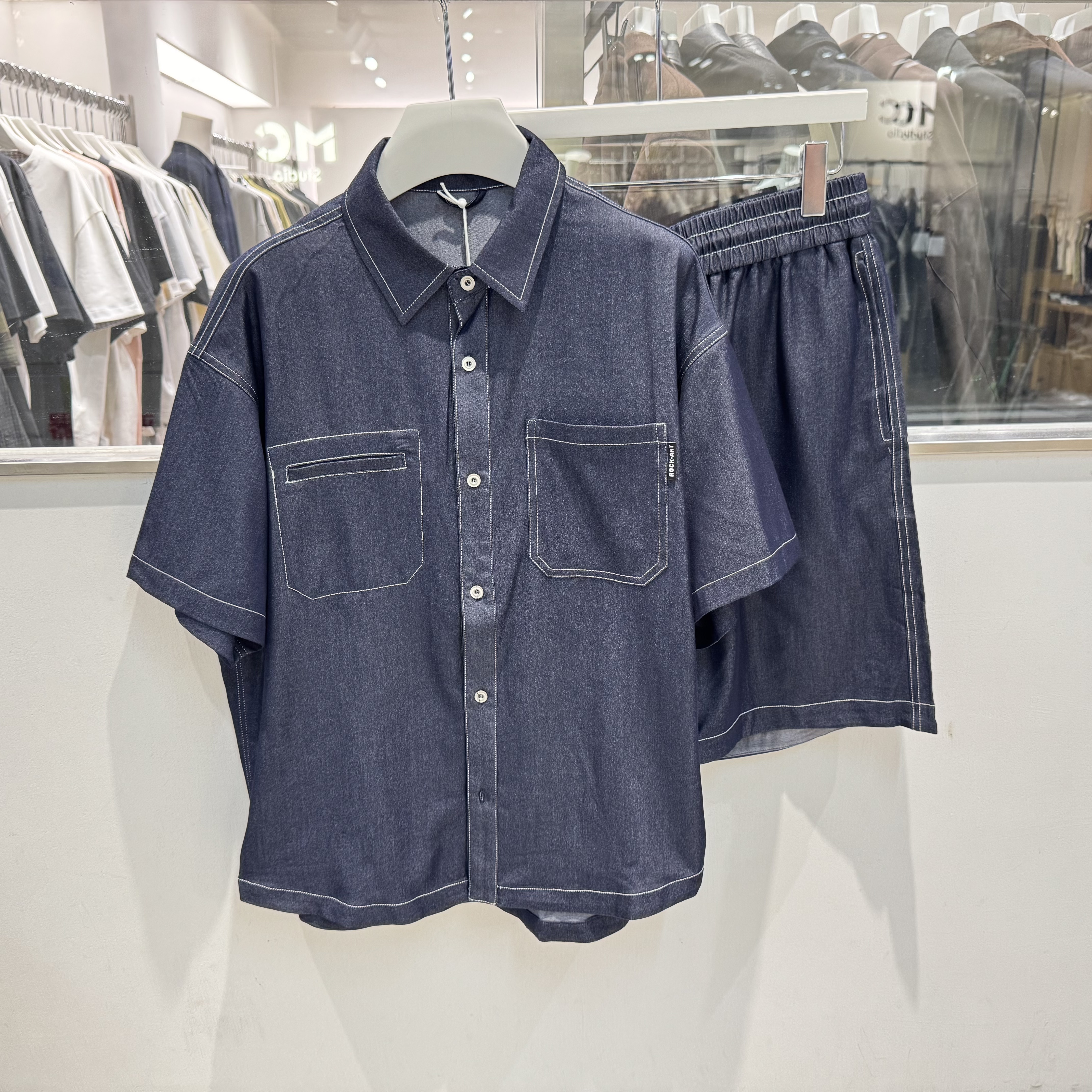 2026夏季新款美式复古牛仔短袖衬衫男时尚休闲宽松痞帅五分裤套装