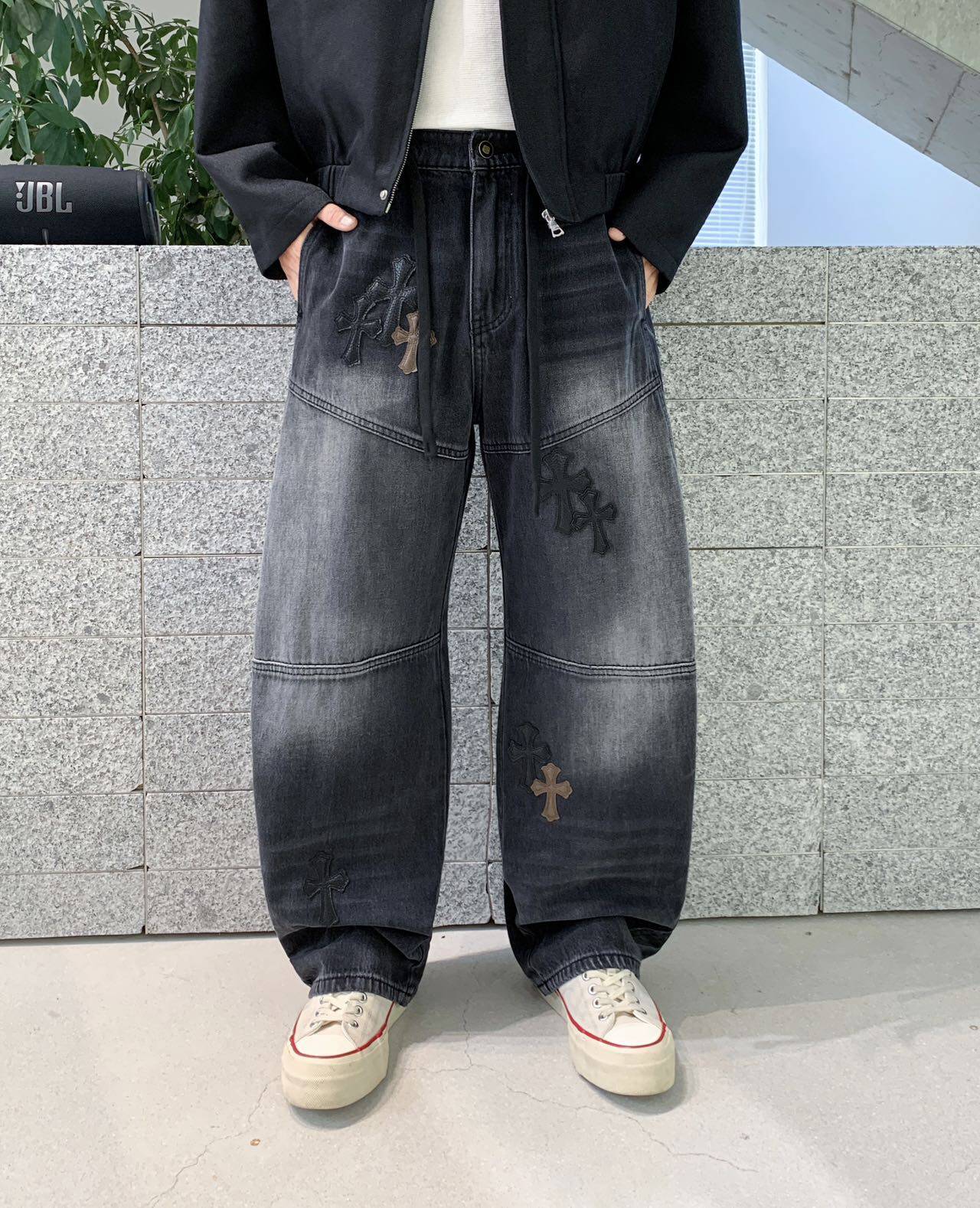 oversize美式休闲痞帅重磅水洗复古牛仔裤男宽松阔腿拖地弯刀裤子