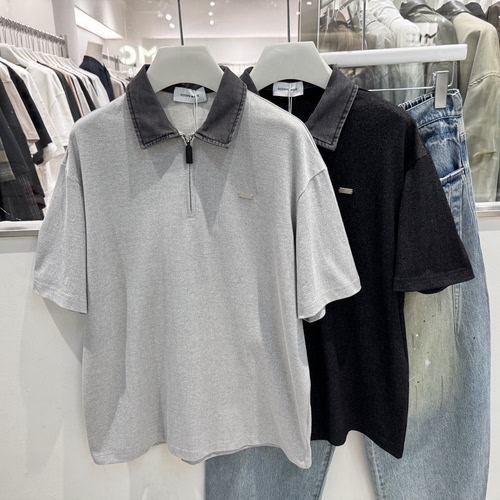 2026夏季新款美式复古假两件半拉链翻领t恤男宽松休闲Polo衫半袖T