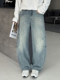 oversize春季美式拼接结构亮片漆点弯刀牛仔裤男时尚宽松痞帅长裤