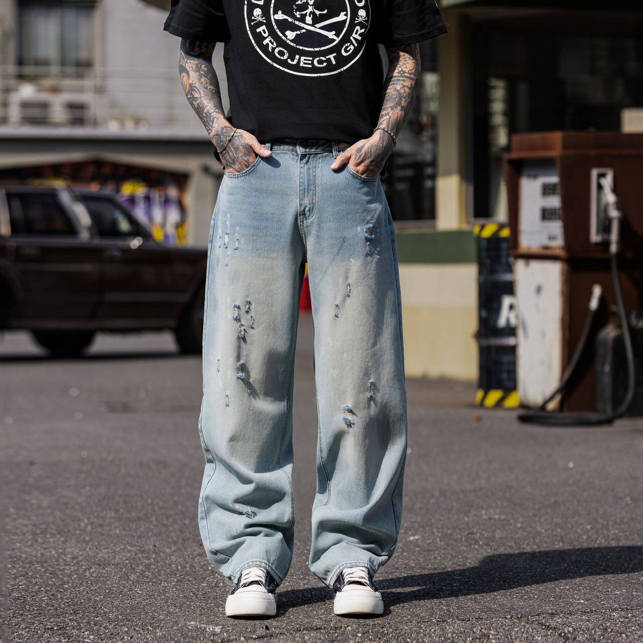 2026春季新款美式复古水洗做旧破洞牛仔裤男设计感宽松直筒阔腿裤