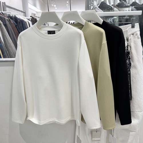 QFO春季极简亲肤垂感天丝圆领长袖T恤男韩版宽松软糯百搭打底衫潮