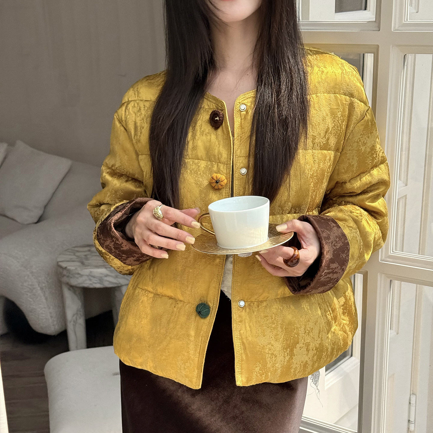 欧洲站新中式国风人丝提花圆领撞色气质羽绒服95白鸭绒保暖外套女