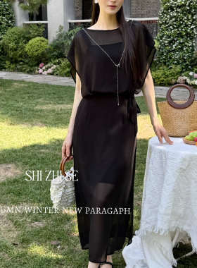 欧洲站夏季新款设计感时尚风收腰显瘦波点侧开叉气质假两件连衣裙