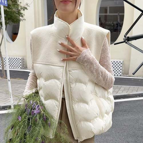 欧洲站2026冬装新款韩版宽松立领拼接90白鸭绒保暖羽绒马甲女潮