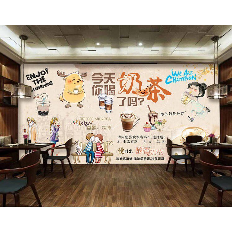 新款奶茶店美化抽象咖啡餐厅背景墙装饰贴画防水背胶自粘墙纸壁画