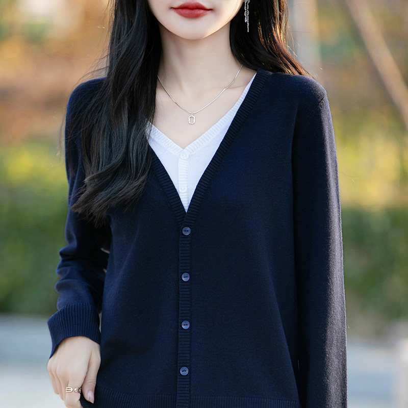 拼色假两件针织打底衫女2026春新款精纺羊毛外套显瘦毛衣薄款开衫