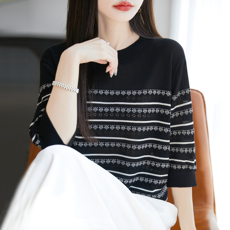 莱赛尔条纹五分袖T恤女夏季新款宽松透气半袖减龄针织衫短袖上衣