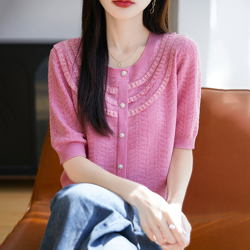 蚕丝羊毛针织五分袖开衫女圆领蕾丝花边T恤短袖宽松镂空半袖上衣